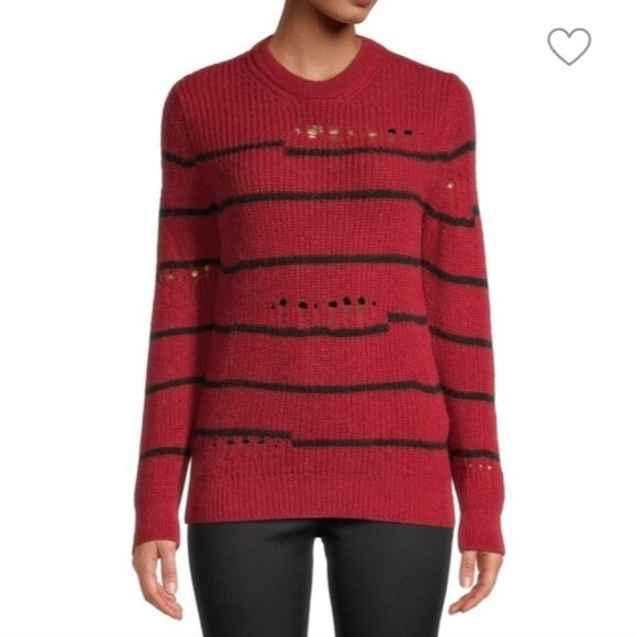 IRO Paris Cleon red and black pointelle stripe distressed knitted sweater top - Picture 1 of 12